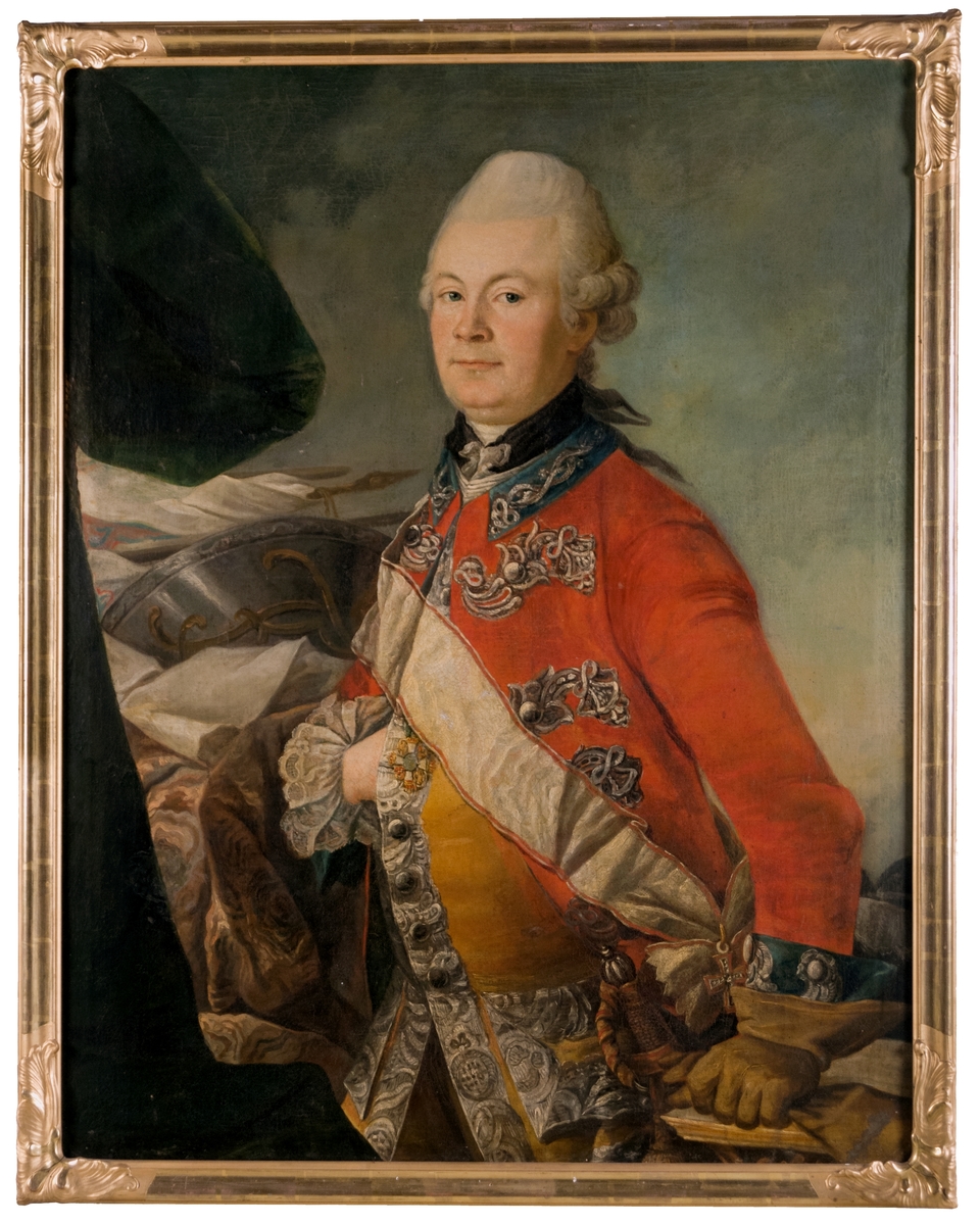 Mansporträtt av Johan Hörner, föresällande man i knäbild, röd och gul väst, utländska ordnar. Olja på duk, förgylld ram.