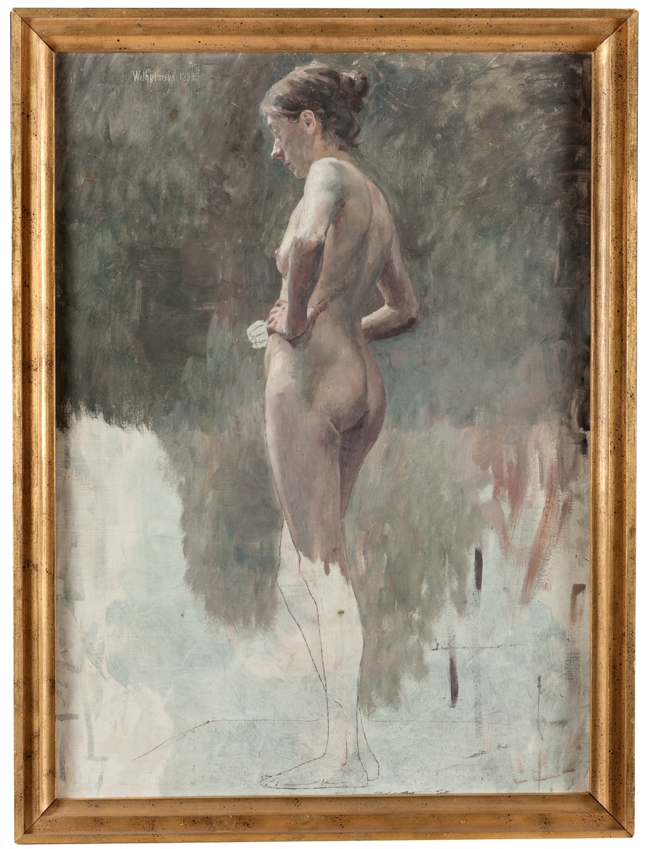 Oljemålning, Modell", av Carl Wilhelmson, 1893. Målningen är signerad men inte slutförd i sin nedre del.