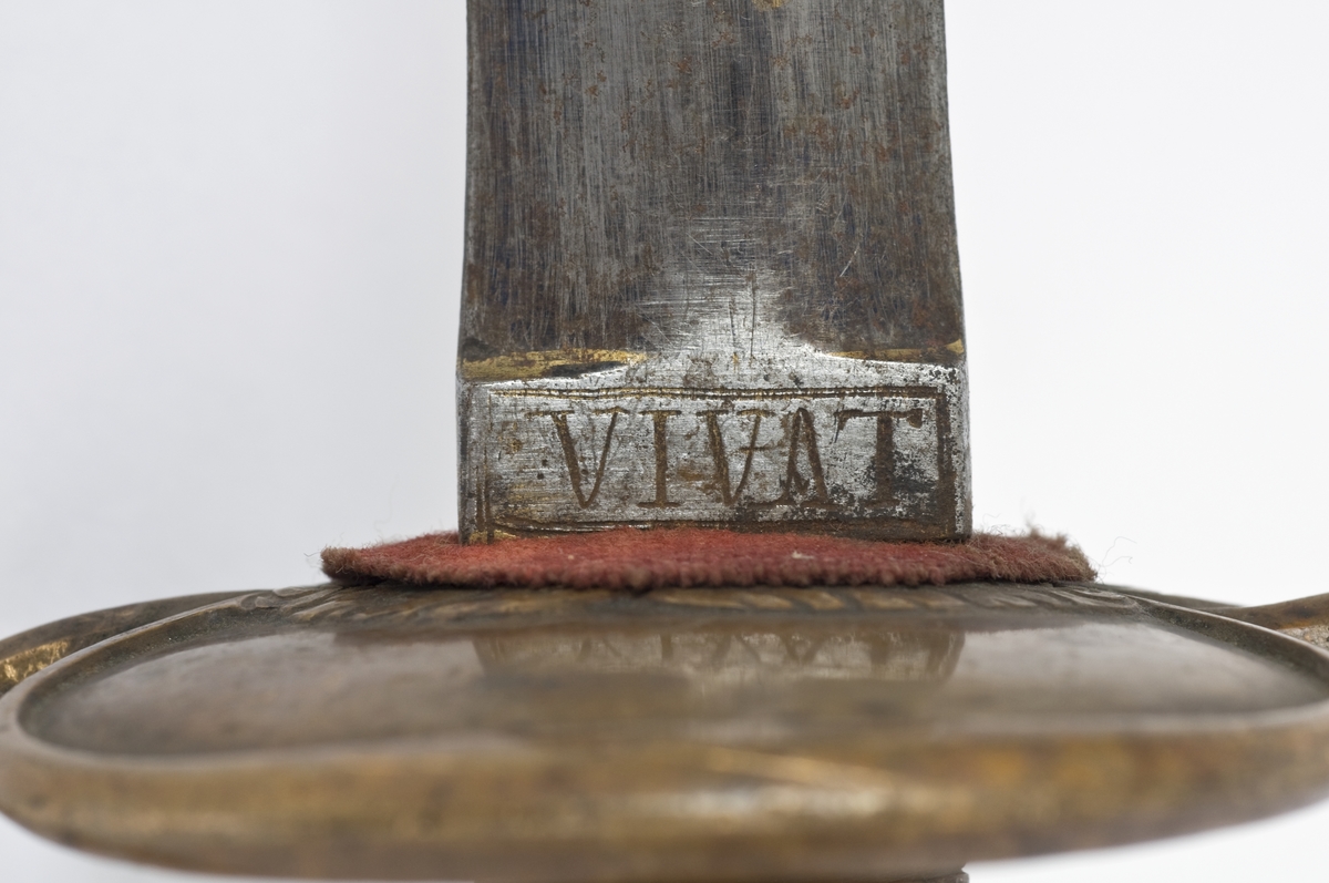 Dansk/Norsk underoffiserskårde modell 1777 for artilleriet. Messing feste. Vaseformet knapp med nitteknapp. Tregrep med snodd messingtråds bevikling og  messingring oppe og nede. Nyreformede parerplater. Rett bakre parerstang ender i en blomsterknopp. Fremre parerstang går over i håndbøylen. Nyreformede parerplater med kantlinje. 
Tveegget,  rett klinge med ovalt tverrsnitt på klingebrystet. Klingen har ryggstillt midtås.. Rester av blånering og forgyllt dekor  på begge sider. bl a det Dansk/Norske riksvåpen. Militære atributter og merket VIVAT øverst på klingebrystet.