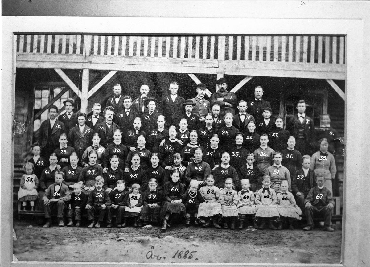 Avfotografert bilde av en rekke uidentifiserte personer av begge kjønn, voksne og barn. Personene er påført nummer, men noen navneliste foreligger ikke. Ukjent opphav, men originalen synes å være fra 1885.