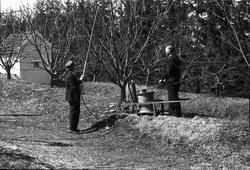 Demonstrasjon av hagesprøyte i trillebår fra Kubberuds Verks