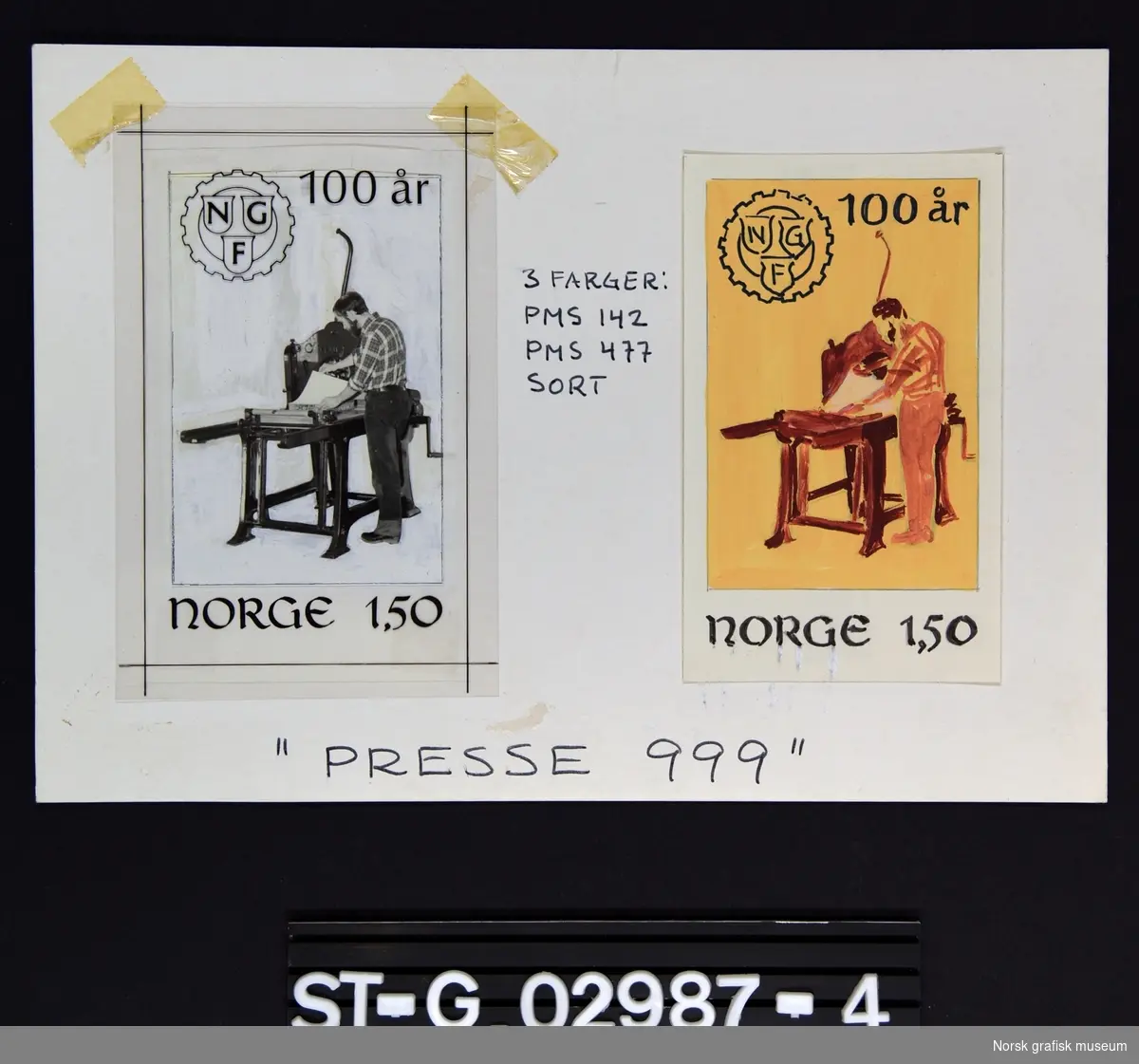 På en papplate er det montert to mindre bilder av en mann med trykkpresse i ulik stilisert versjon, og med logoen til NGF samt datering og frimerkepris (NORGE 1,30) skrevet på. Nederst står det_ "PRESSE 999"