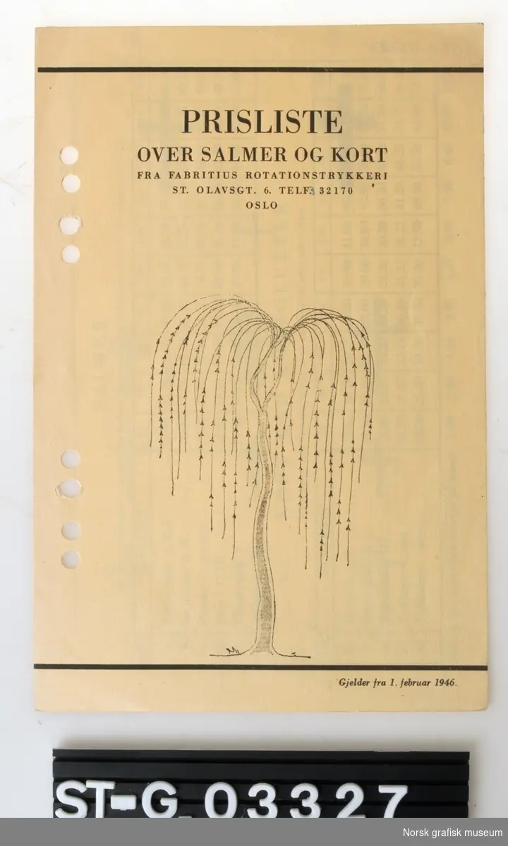 Prisliste over salmer og kort fra Fabritius Rotationstrykkeri. Gjelder fra 1. februar 1946.