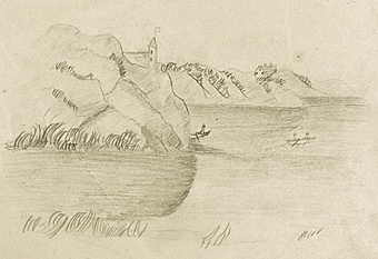 Teckning av hus och borg på klippor och båtar på vatten. Enligt uppgift ska konstnären vara Wendela Zelow men det är troligare att det är Wendela Flach.

Enligt liggaren: 85575:1-189: Christine Zelows ritportfölj.