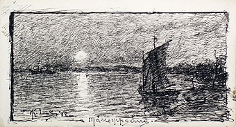 Bilden föreställer en "månuppgång". Till höger i bild syns en segelbåt lämna stranden. Svartare ifylld kant runt om motivet.
Text: Månuppgång.
Signerad.