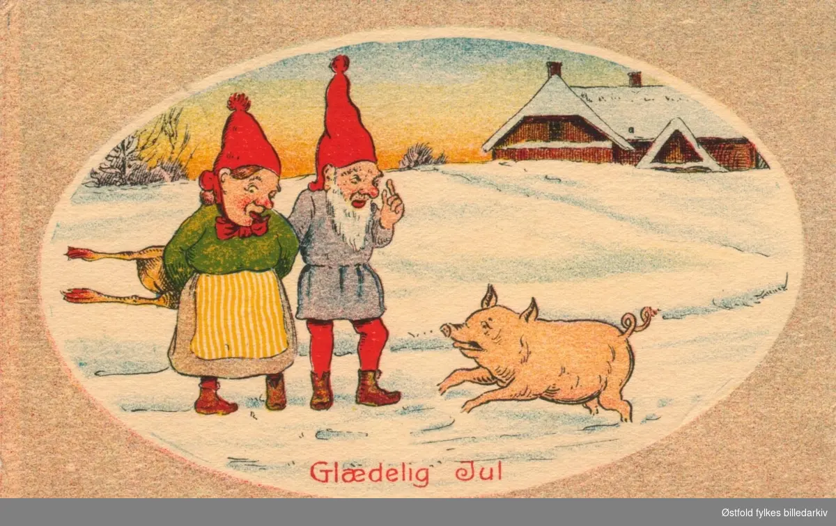 Julekort. Tegning. Vinterlandskap med nissepar og gris, Kalkun bak ryggen? Poststempla 1921.