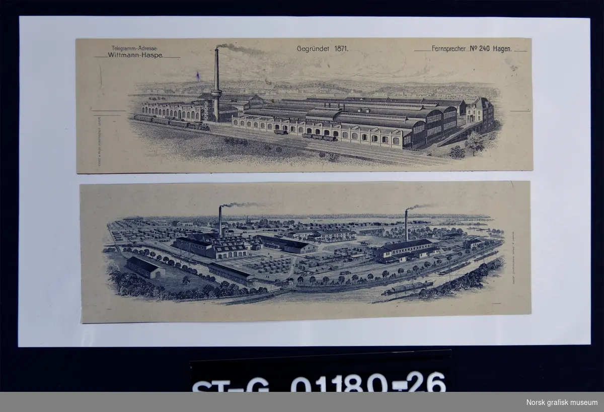 Begge motivene viser et større område fylt med mange bygninger med rykende fabrikkpiper. På det øverste bildet står det i tillegg "Telegramm-Adresse Wittmann - Haspe, Gegründet 1871. Fernsprecher No. 240 Hagen".