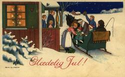 Julekort. Nyttårshilsen. Vintermotiv. Utenfor et hus. Vertsk