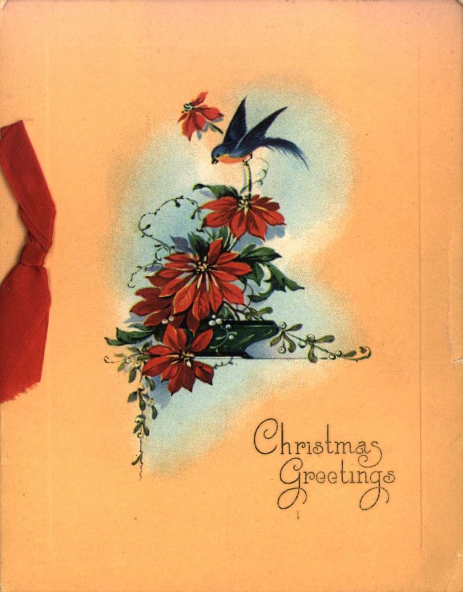 Julekort. Dekorasjon med julestjerner. Juledikt. Engelsk tekst.