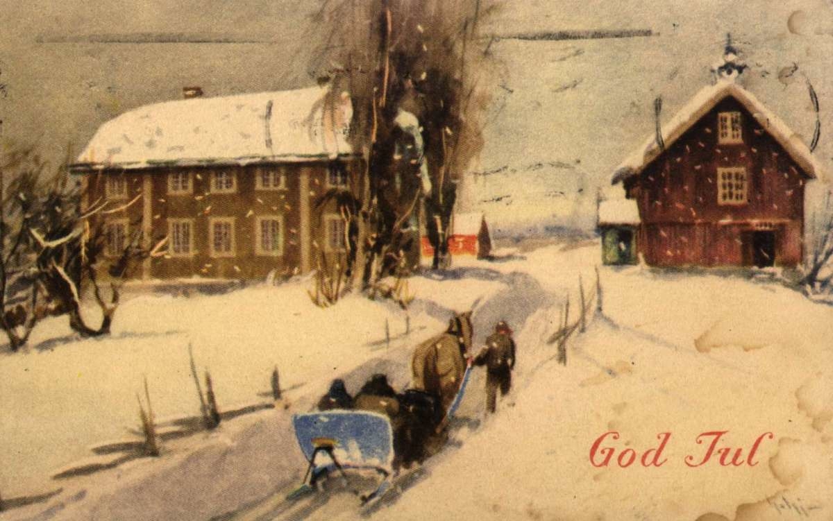 Julekort. Jule- og nyttårshilsen. Snødekt landskap med gård i bakgrunnen.  Hest og slede på vei til gården. Stemplet 19.12.1946.