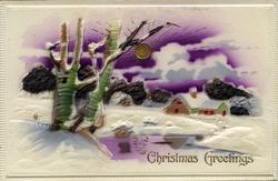 Julekort. Jule- og nyttårshilsen. Vinterlandskap med trær og