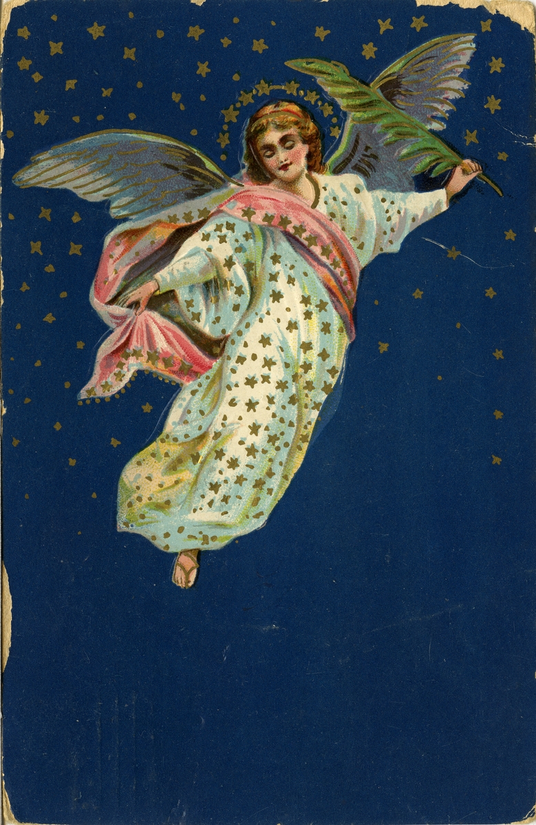 Julekort. Jule- og nyttårshilsen. En engel med olivengren i hånden flyr under stjernehimmel. Stemplet 30.12.1907.