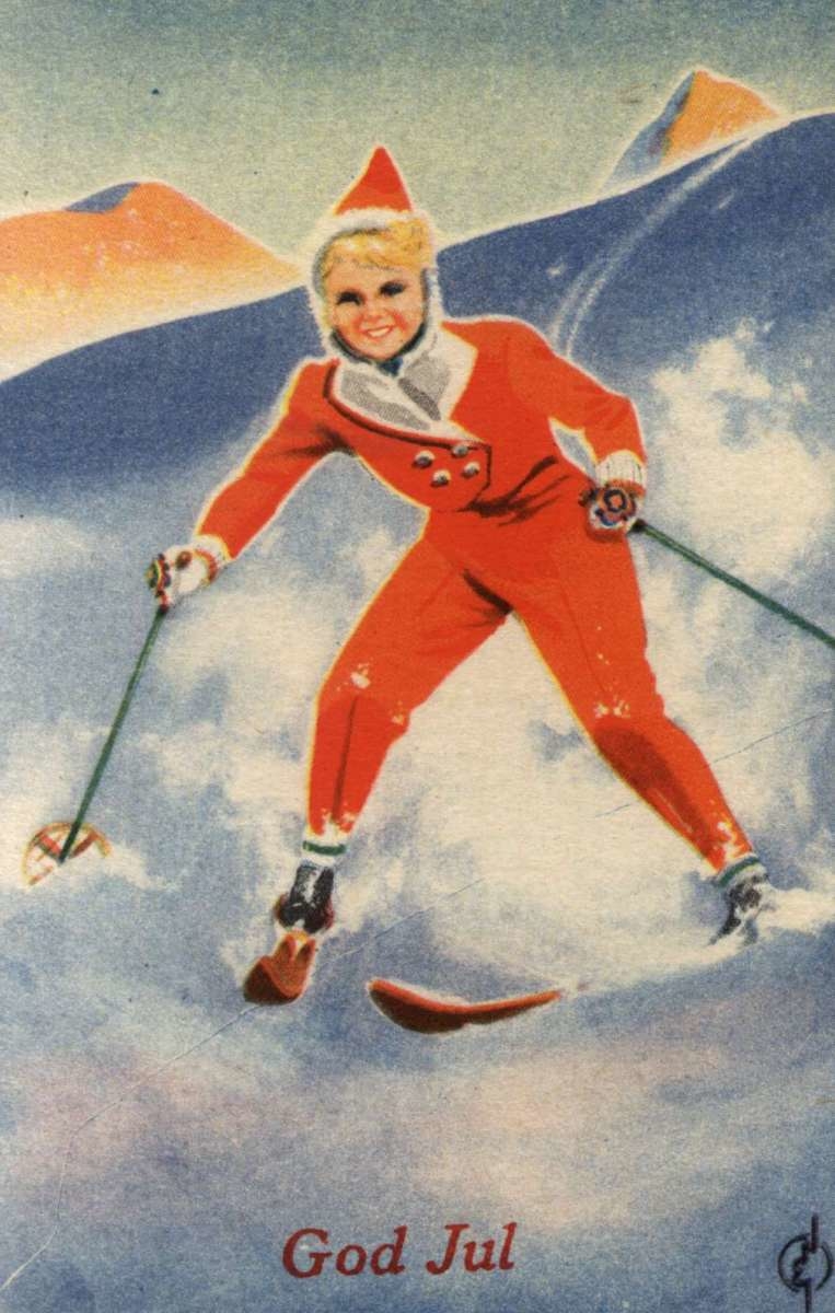 Julekort. Ubrukt. Vintermotiv. Kvinne til fjells på ski. Illustrert av Erling Nielsen.
