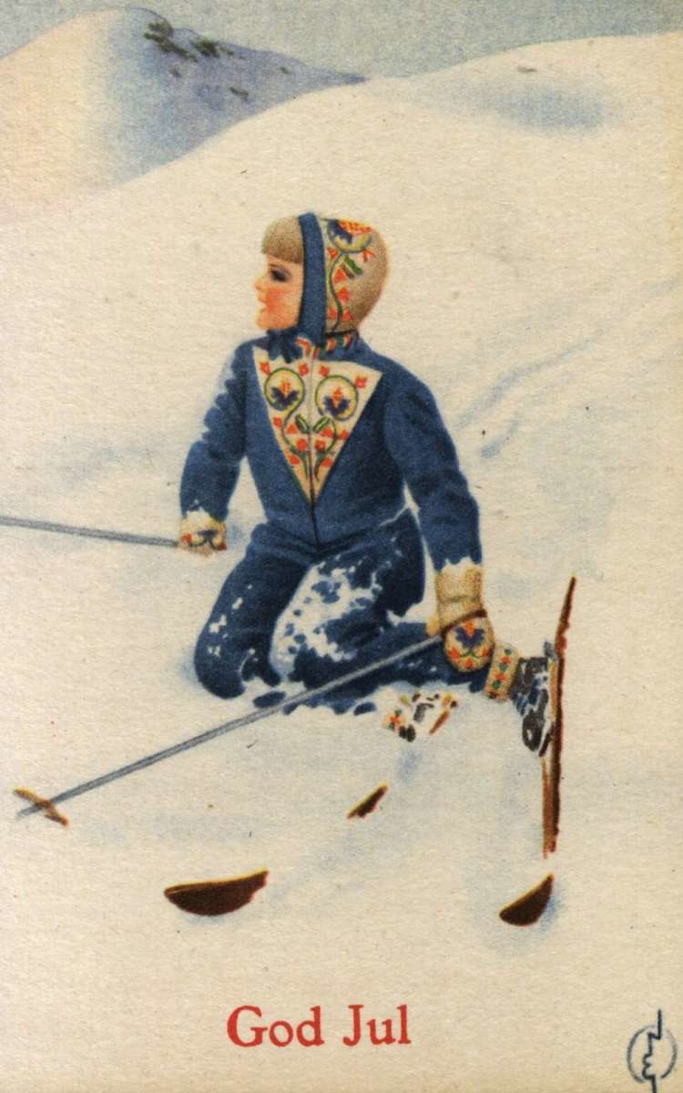 Julekort. Ubrukt. Vintermotiv. Fjellandskap. Et barn på ski.
Illustrert av Erling Nielsen.