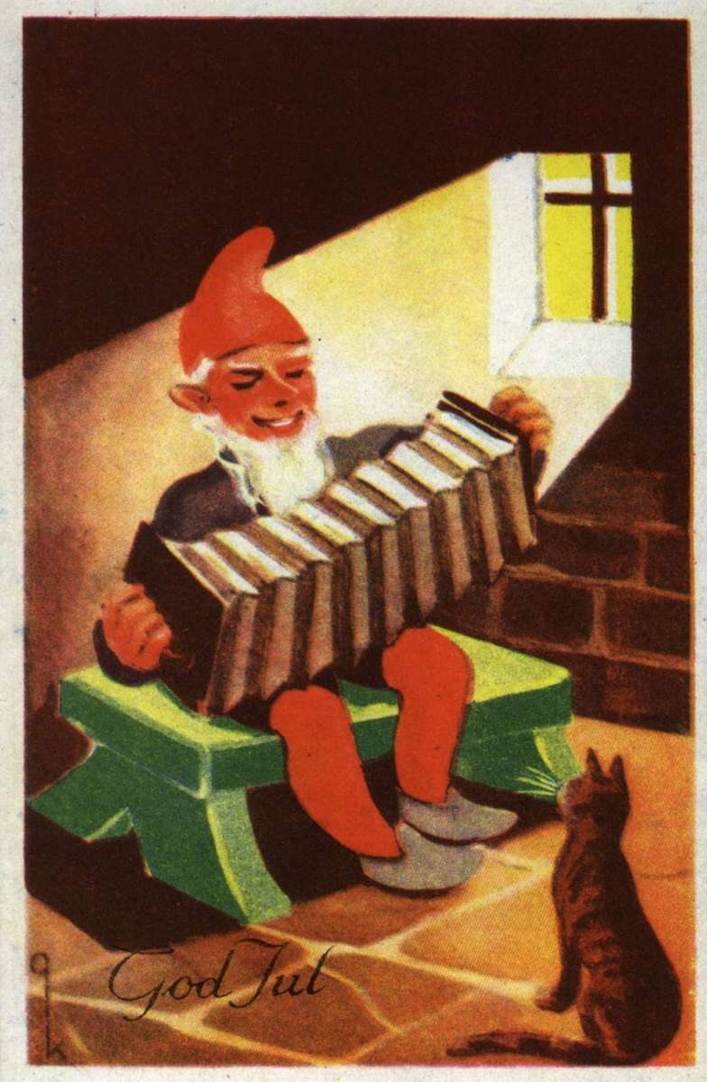 Julekort. Ubrukt. Nissemotiv. Nisse med trekkspill. En katt sitter og lytter.
Illustrert av Christian Kittelsen.