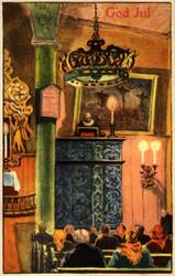 Julekort. Ubrukt. Interiør fra kirke. Prest taler til menigh