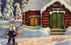 Julekort. Ikke brukt. Vintermotiv. Pike med julegaver på vei