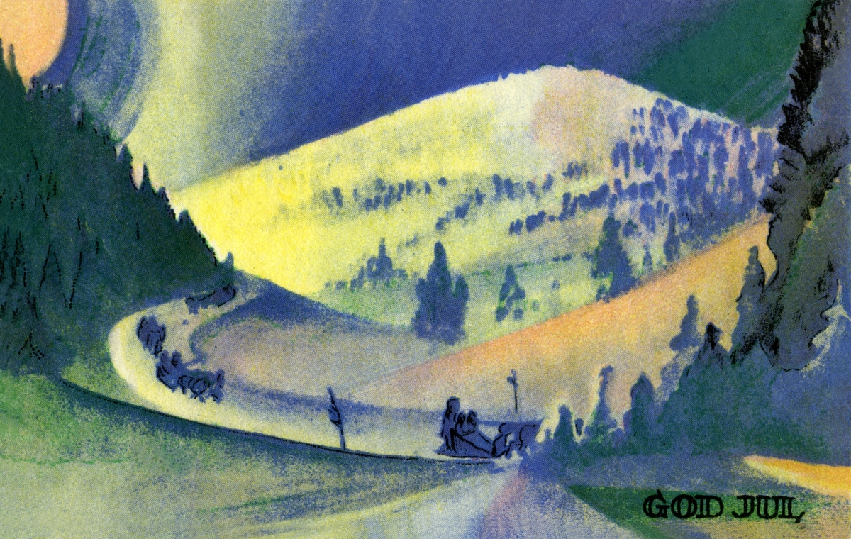 Julekort. Jule- og nyttårshilsen. Solnedgang over fjell. Mange mennsker er på en vei med hest og slede. Stemplet 20.12.1930