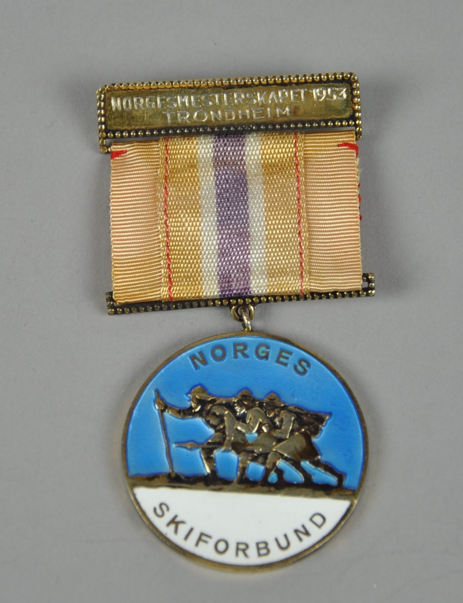 Medalje Fra Norges skiforbund. Motivet viser tre skiløpere (Arnljot Gelline, Torodd Snorreson og følgesvenn), på blå og hvit bakgrunn. 
Nål med bånd i rødt, hvitt og blått.
