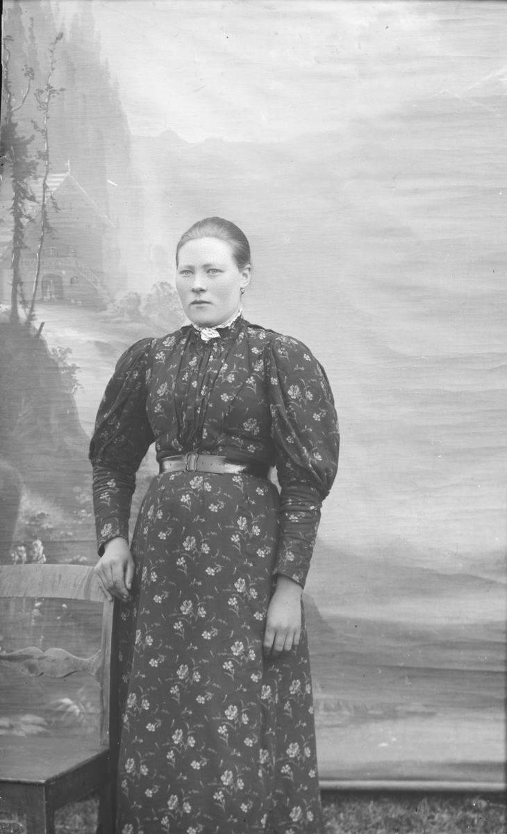 Portrett, helfigur, Oline Ellefsdatter Holmyren (Hølmyren) f 1876. Oline giftet seg med Amund Erlandsen Odden, og de emigrerte etter 1900.