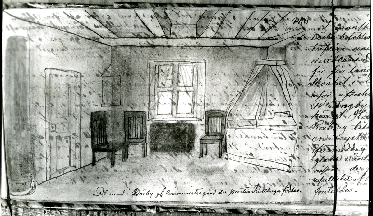 Det rum i Dörby gamla comministergård der prosten Kullberger föddes. Teckning av fröken Katarina Elisabeth Sylvander, dotter av presidenten Josua S. - Skissbok 1859.