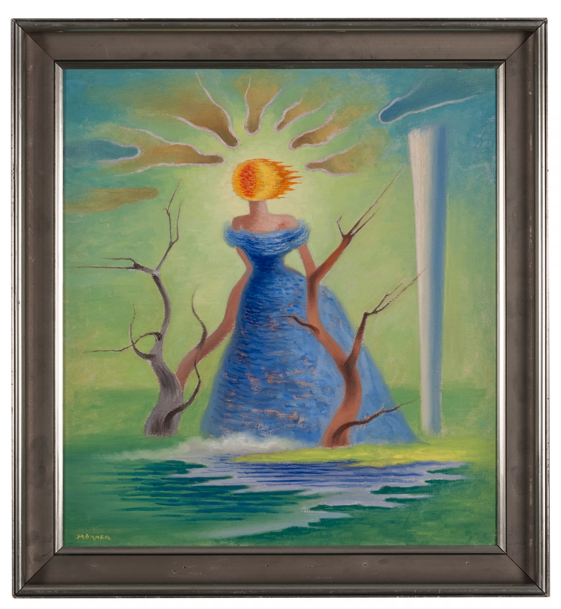 Oljemålning, olja på duk, "Morgondagen är en nyck ur det förflutna" av Stellan Mörner. Blåklädd kvinnoskepnad går fram mellan två små träd, blåvit kolonn i bakgrunden, fonden gröngul. Daterad efter uppgift i konstkatalog från utställning på Konstakademien 1949.