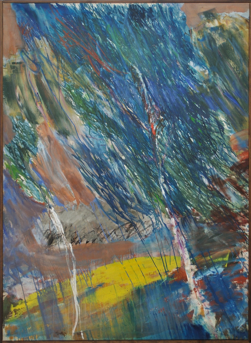 Tavla, olja på duk. "Björk II". Målningen domineras av en björkstruktur med diagonal rörelse. Till vänster i bild anas en annan björk. Formerna är uppbyggda med kraftfulla färger, som delvis rinner. Målad av Ulf Trotzig, Lund, 1980-1985.