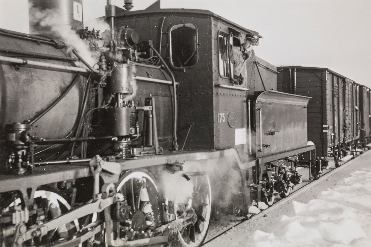 Lokomotivfyrbøter Alf Kolbjørn Jensenpå damplokomotiv type 21a nr. 175, i godstog mellom Grong og Namsos.