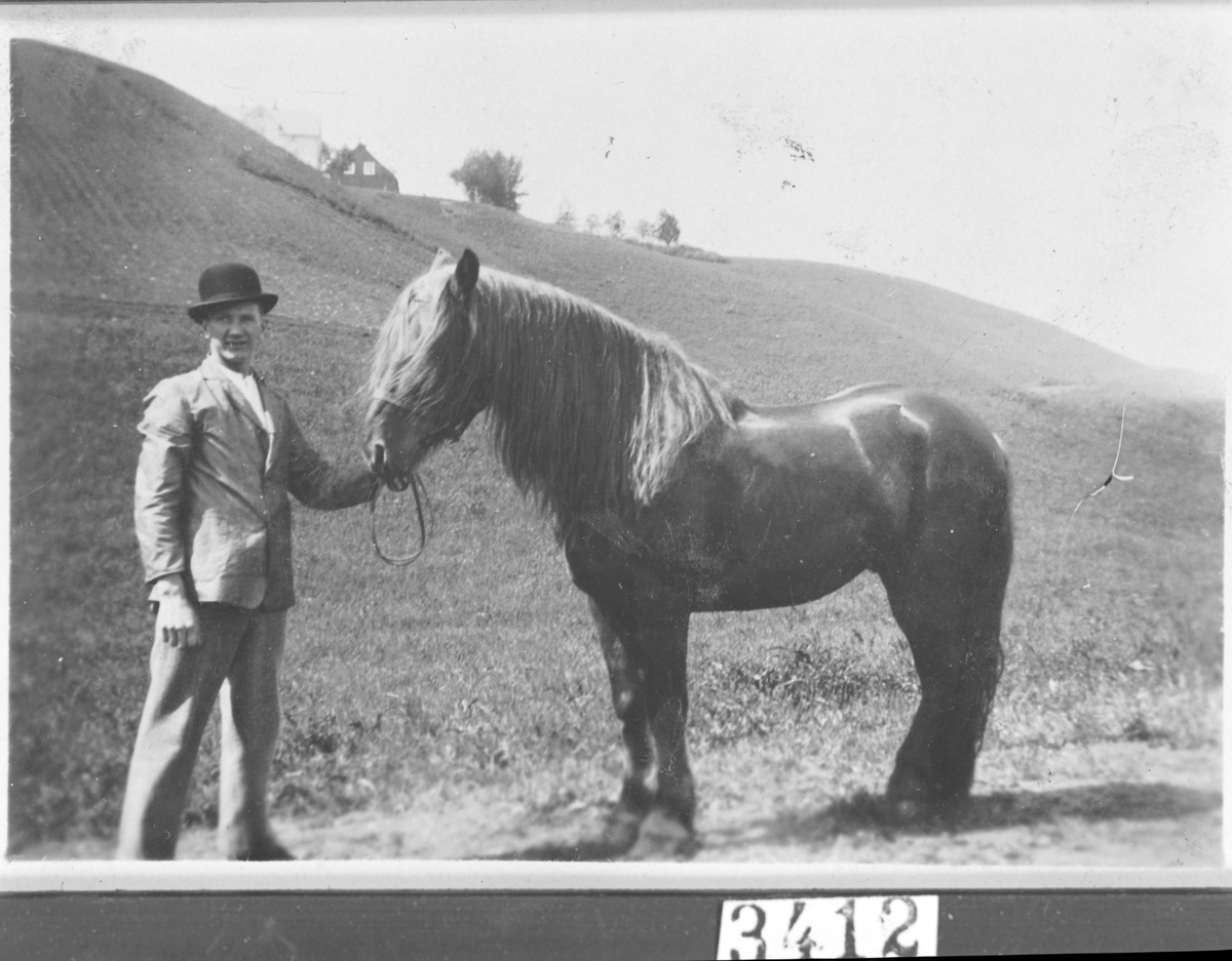Oppdresset mann i flosshatt med hest