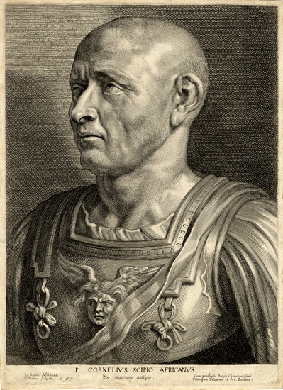 Kopparstick.
Man i stridsbrynja, porträtt av Cornelius Scipio Africanus. 
Cornelius Scipio Africanus (236-183 f.Kr)