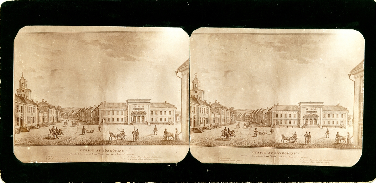 Jönköpings teater vid Hovrättstorget i Jönköping. Avfotograferad litografi av Gjötström och Magnusson efter teckning av E.F Martins 1837.