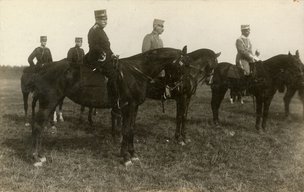 Text i fotoalbum:  ”Kommendanten åtföljer H. Maj:t Konungens stab vid defileringen den 1. september 1914.”

På bilden Ankarcrona, hovstallmästare, Rosenblad.