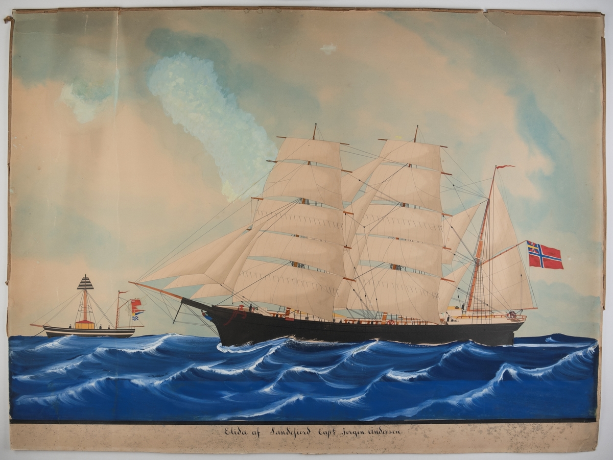 Bark 'Elida' af Sandefjord Unionsflagg, dobbelte mersseil, gallionsfigur. Passerer fangskipet som signaliserer under engelsk flagg BFGN (Liverpool)