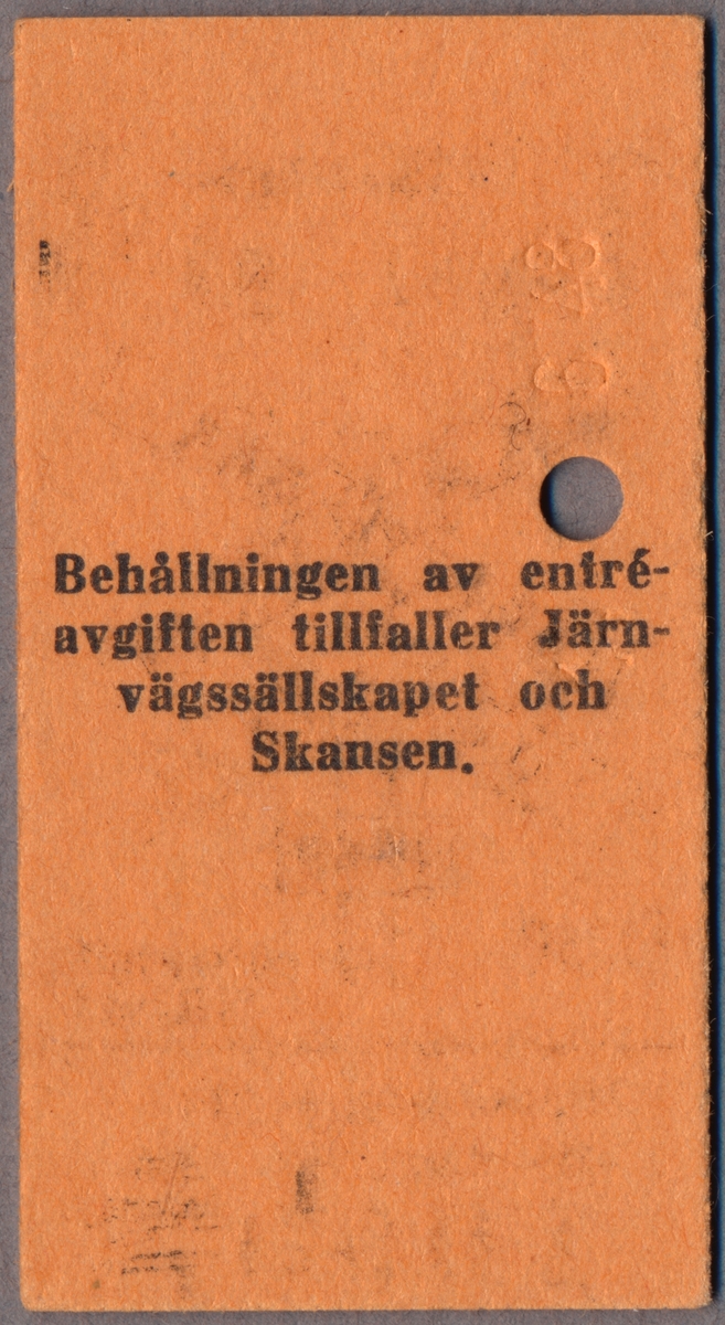 Brun Edmonsonsk biljett av kartong med följande tryckta text:
"Utställningen Tåget gåR 
0.50 Entréavgift
Utställningen öppen alla dagar kl. 13-21".
Biljetten har en bild av ett kryssmärke med flera spår som kan ses vid järnvägskorsningar/plankorsningar, på skyltarna står texten "SKANSEN TÅGET GÅR JUNI - SEPT 1948". På baksidan finns texten "Behållningen av entréavgiften tillfaller Järnvägssällskapet och Skansen." 
Biljetten har ett hål efter biljettång, när biljettången används för att göra hål så blev biljetten också präglad "6 48" på baksidan. Längst ner står biljettnumret "10598". Det finns en dubblett som också har ett hål efter biljettång.