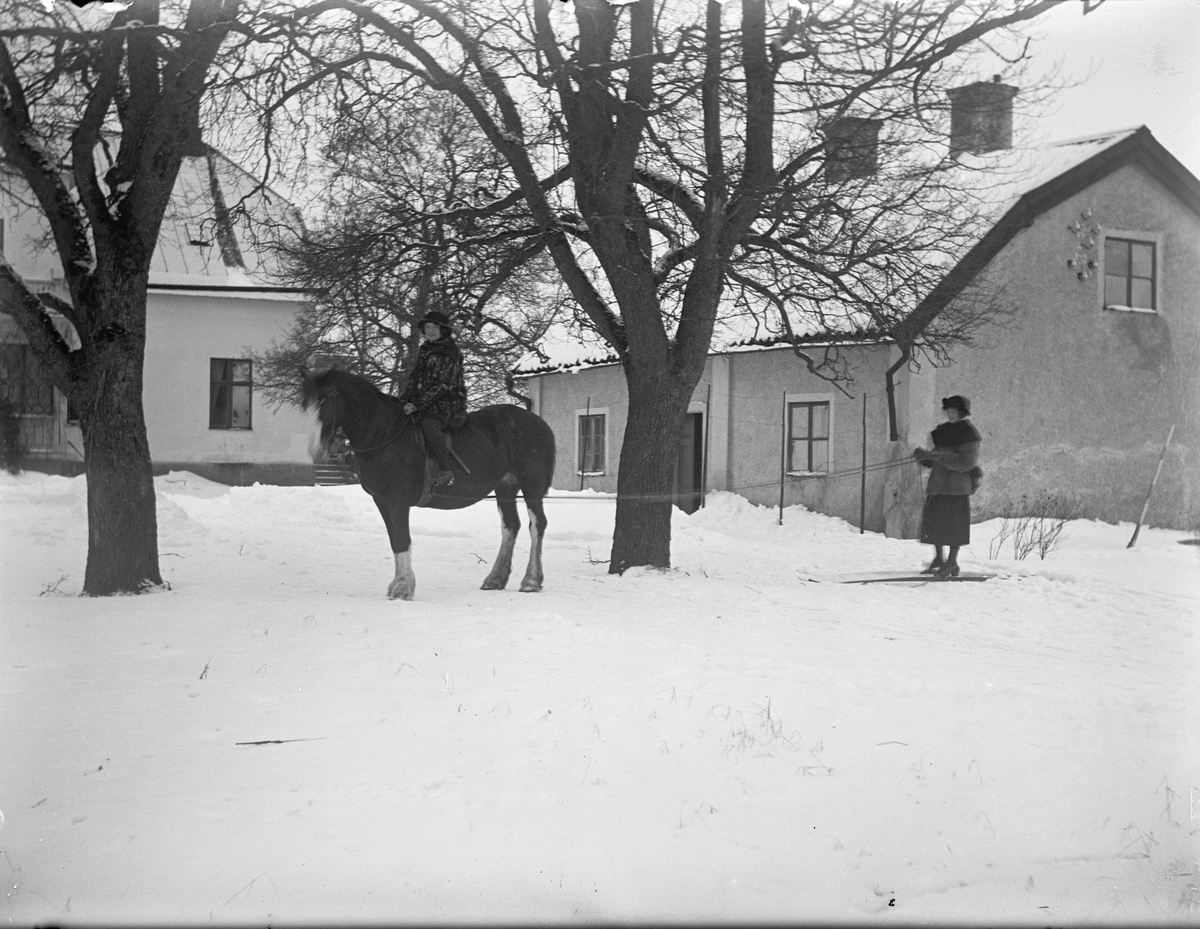 "Fröken Nilson och Ebba Hagman på skidor efter häst vid Eklunda", Simtuna socken, Uppland 1924