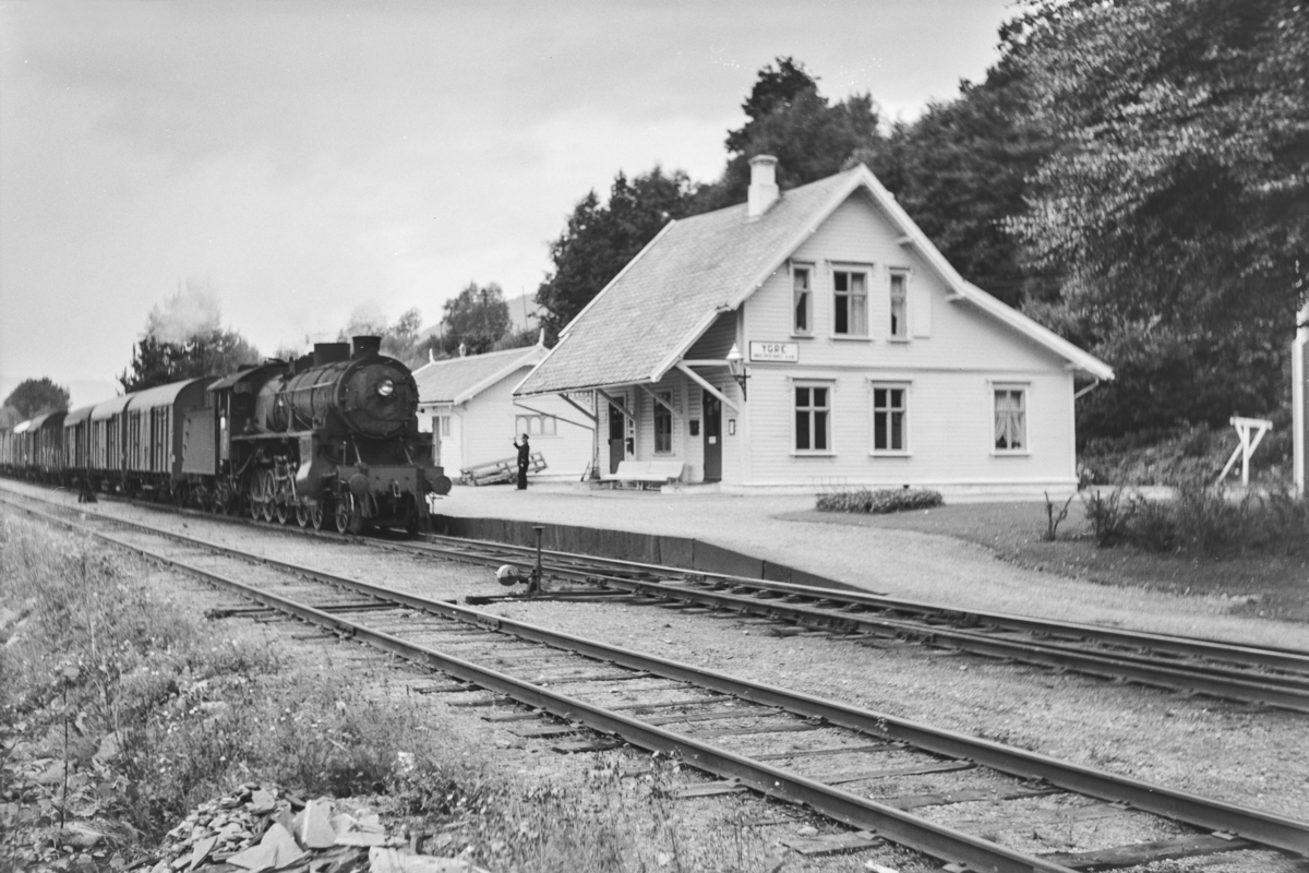 Ekstra godstog fra Voss til Ål (litra J) på Ygre stasjon. Toget trekkes av damplokomotiv type 31b nr. 431.