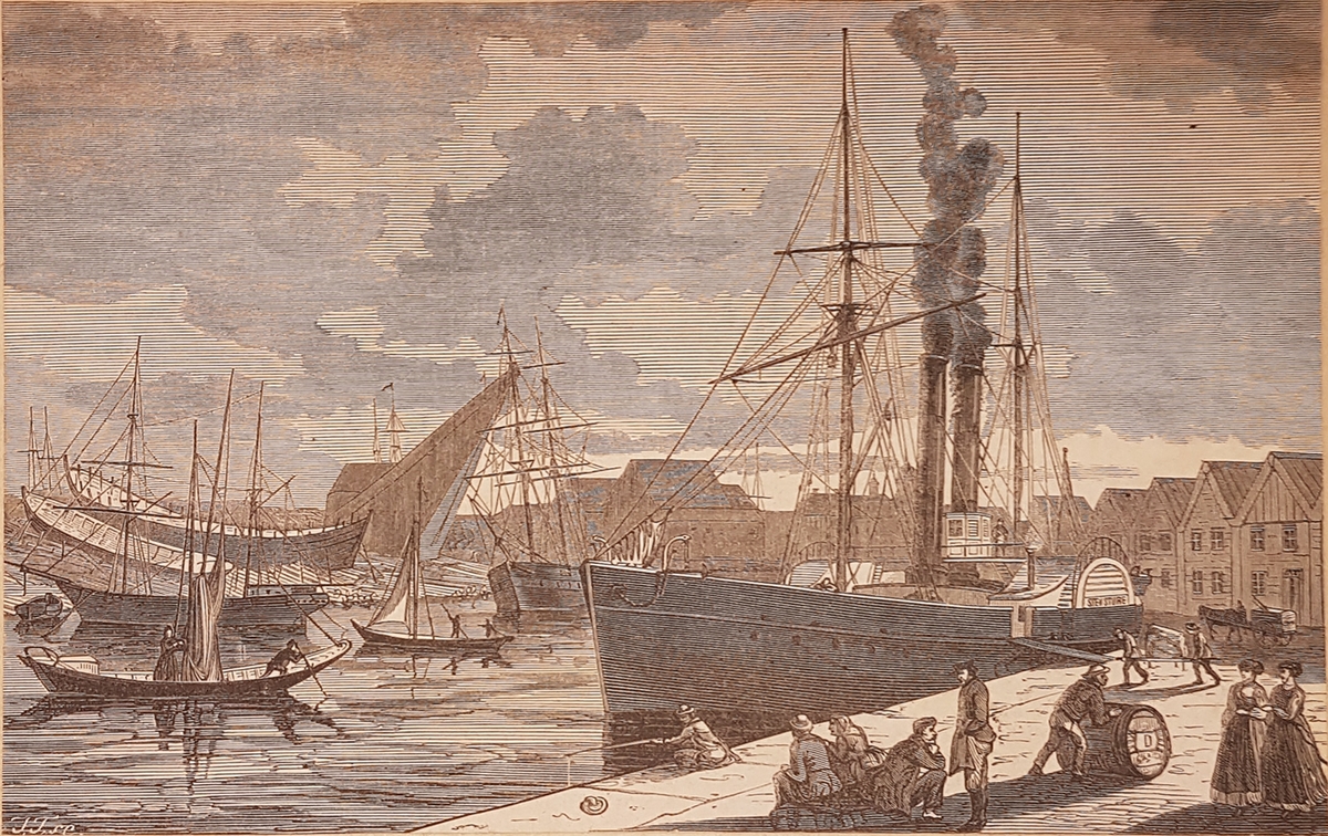 Tidningsurklipp efter teckning 1869, motiv Norra Skeppsbron och Gefle hamn, efter originalteckning av Fritz von Dardel. Teckningen utförd före stadsbranden i juli 1869 då staden norr om ån förstördes.