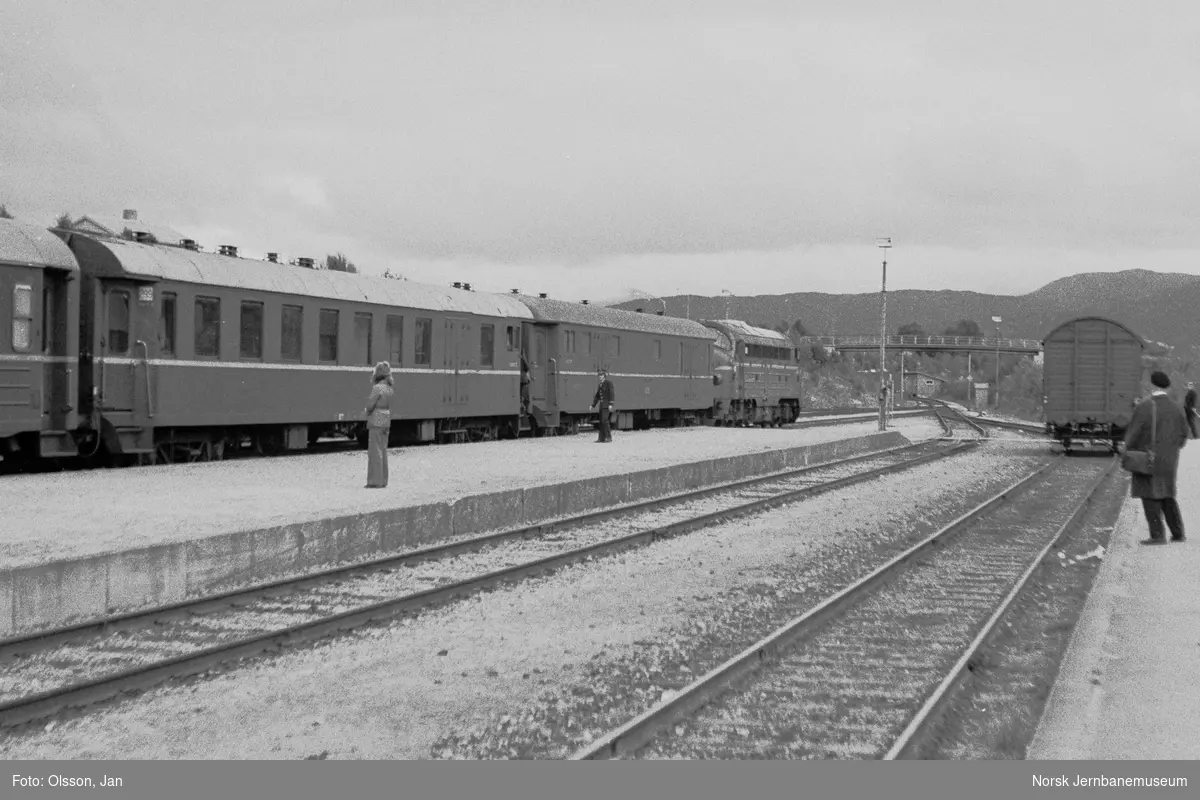 Dagtoget fra Bodø til Trondheim til Bodø, hurtigtog 452, på Fauske stasjon Toget trekkes av diesellokomotiv type Di 3.