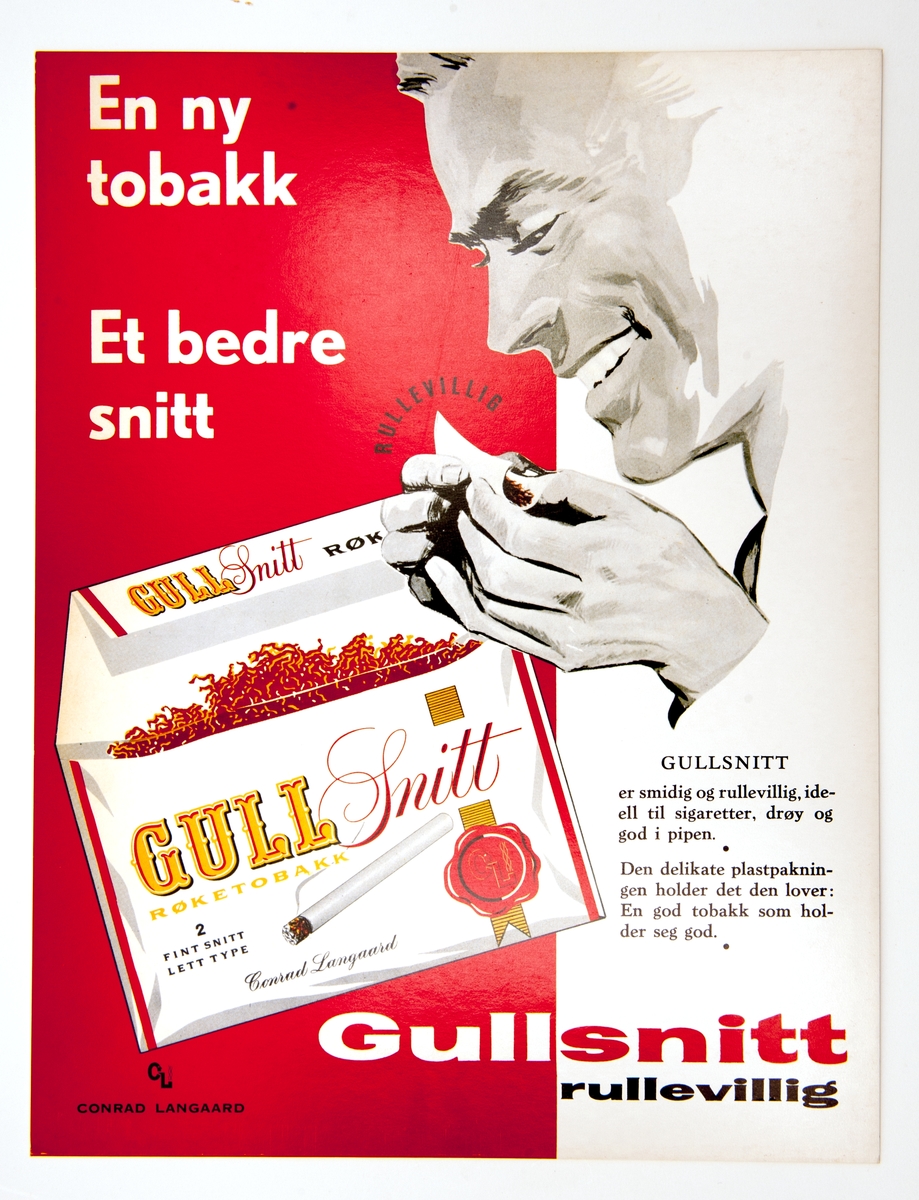 Reklameplakat for Langaards rulletobakk Gull Snitt