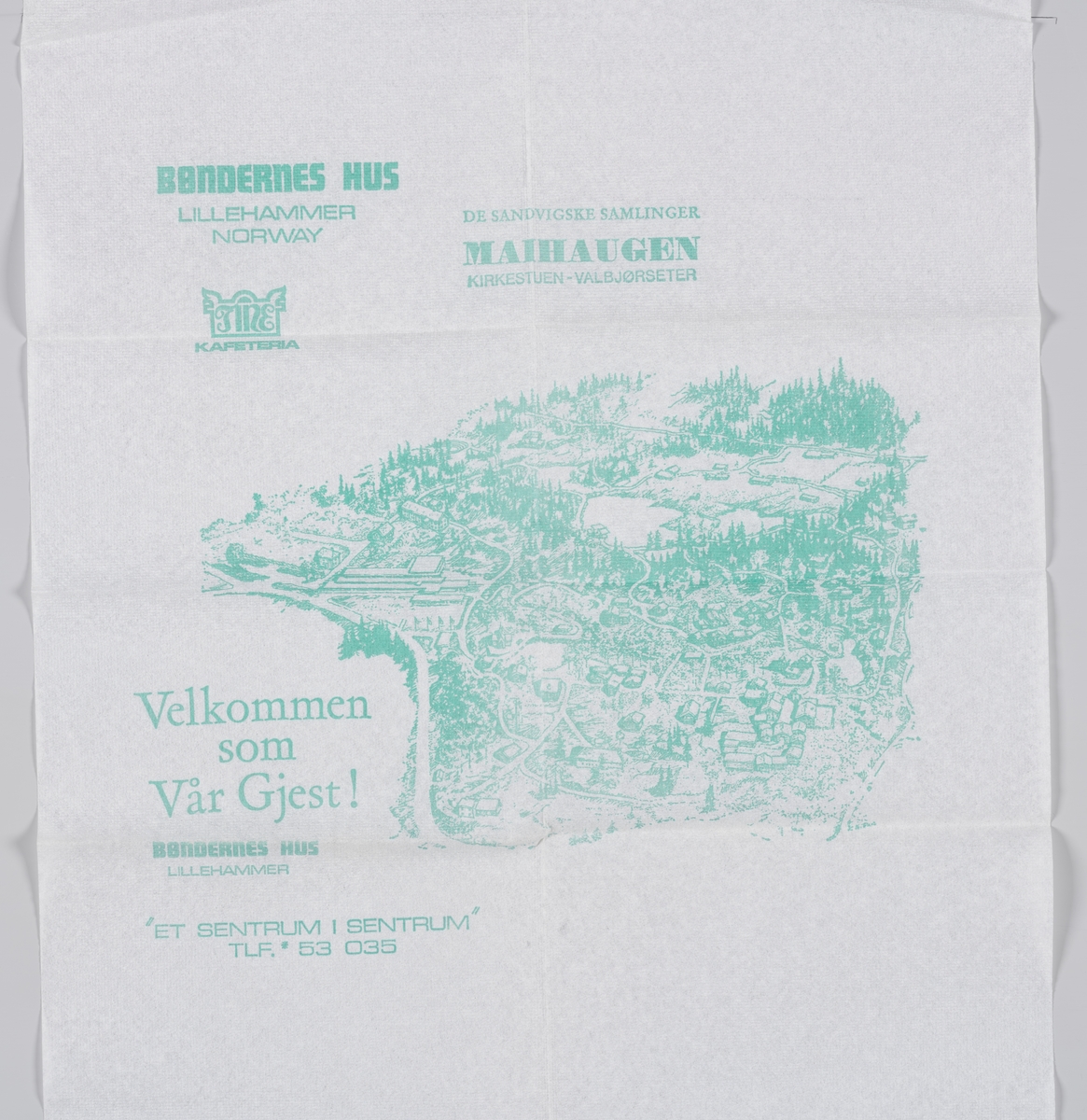 Et kart over Maihaugen på Lillehammer og en reklametekst for kafeteriaen Bøndernes Hus på museet.

Samme tekst på MIA.00007-004-0243.
