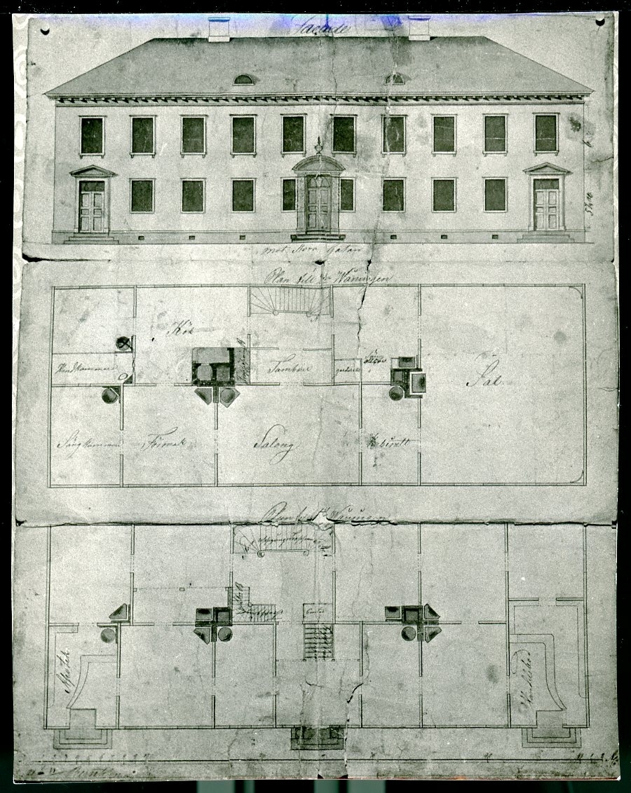 Fotografi av ritning över Hallska gården. Ritning från 1834.