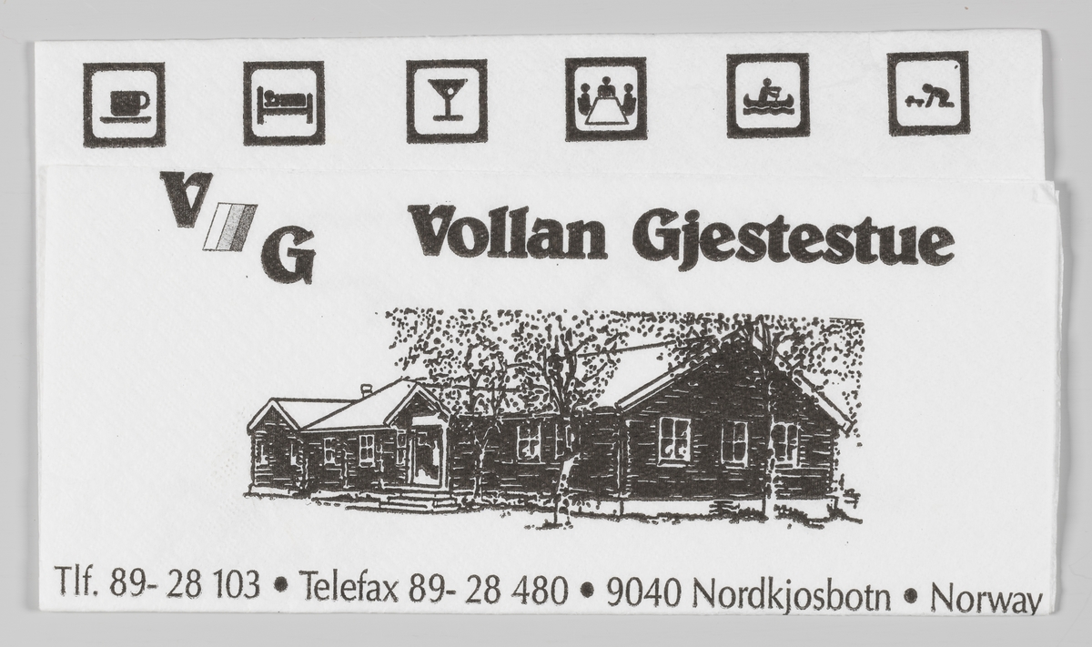 Ikoner for kafe, overnatting, bar, konferanserom, friluftsliv og lekerom og en tegning og reklametekst for Vollan Gjestestue på Nordkjosbotn og et veikart.