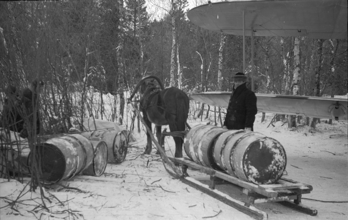 Bensintransport med hjälp av häst och släde vid Svenska frivilligkåren i Finland, F 19. En militär står vid släden.