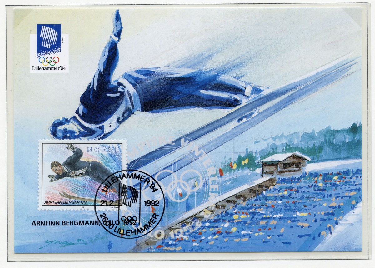 To like postkort med bilde av Arnfinn Bergmann både på kortet og på frimerket. Det ene kortet har ett frimerke, mens det andre har fire like frimerker. Stempelet har emblemet til Lillehammer '94.
