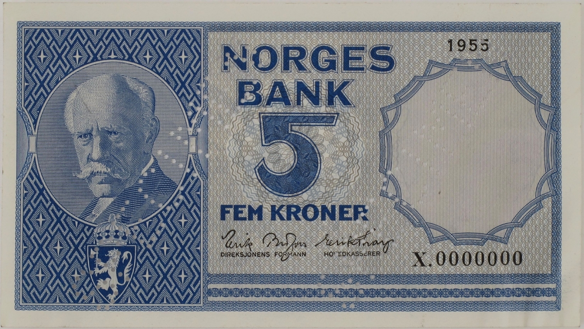 Motiv fra Lofotfisket, et fiskevær med høye lofotfjell i bakgrunnen, på den ene side, portrett av Fridtjof Nansen på den andre.