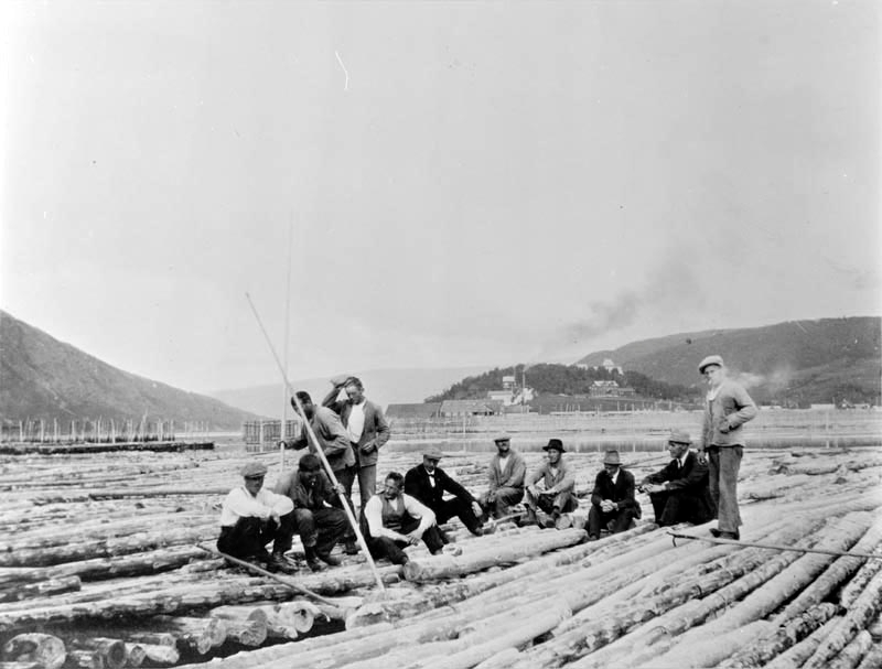 Tømmerfløtere med flere menn på tømmeret i pålgarden på Halsøy. Toppen og Halsøy i bakgrunnen.