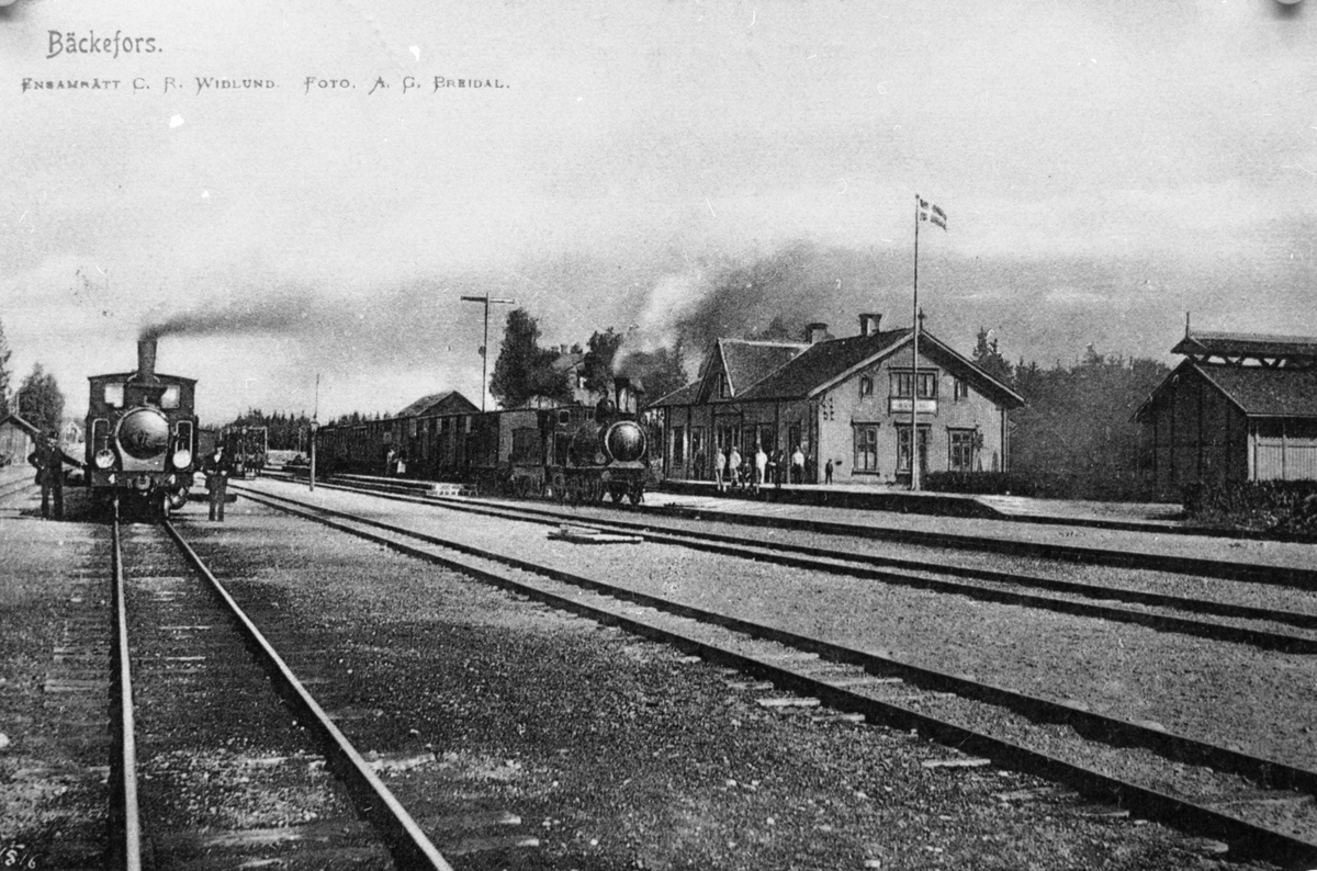 Vykort med motiv från Bäckefors järnvägsstation. Stationshuset byggdes 1879 av Dalslands Järnvöäg (DJ) och låg ursprungligen på andra sidan av spåren, men flyttades 1895 i samband med att Uddevalla-Lelångens Järnväg, ULB,  började trafikera stationen på egen linje. De tre spåren till vänster på bilden tillhörde ULB och de tre spåren närmast stationshuset var tillhörande Dalslands Järnväg.
Stationhuset revs 1931, då det ersattes av ett nytt stationshus. Ångloket till vänster är troligen ULB 4.