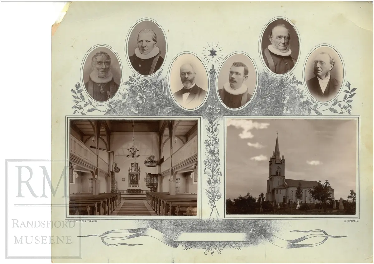 Bilde collage av motiv fra Tingelstad kirke med eksteriør og interiør samt portrett av 6 prester.