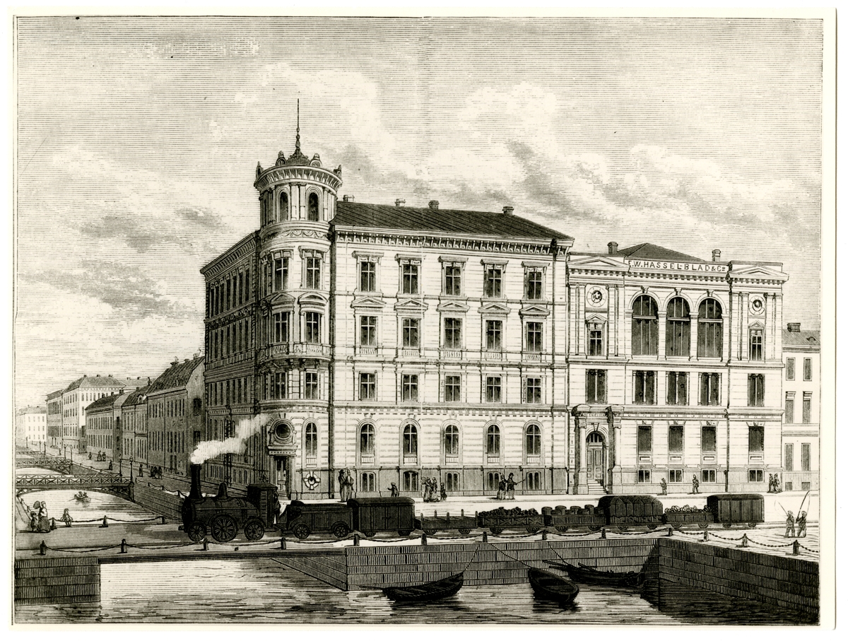 F.W. Hasselblad & Company nyuppförda magasin- och handelsplats vid Sankt Eriks torg 1875.