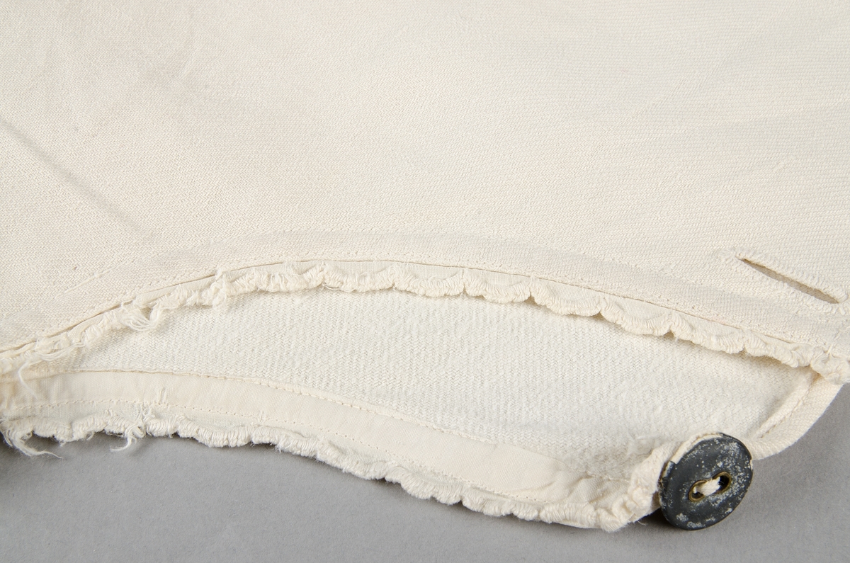 Underbyxor för barn av vit bomullslärft sydda i ett enda stycke med öppning i sidorna som knäpps i linningen och längst ned. Påsydd linning fram och bak mot två lagda veck. Runt benkanterna påsydd spets. Fläckiga.